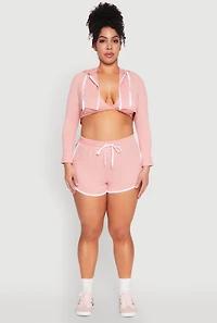 Womens Plus Size Varsity Stripe Zip Front Cropped Hoodie, Pink, Size 3X