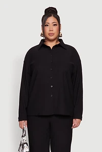 Womens Plus Size Textured Knit Solid Button Front Long Sleeve Shirt, Black, Size 1X