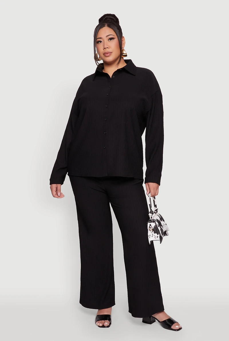 Womens Plus Size Textured Knit Solid Button Front Long Sleeve Shirt, Black, Size 1X