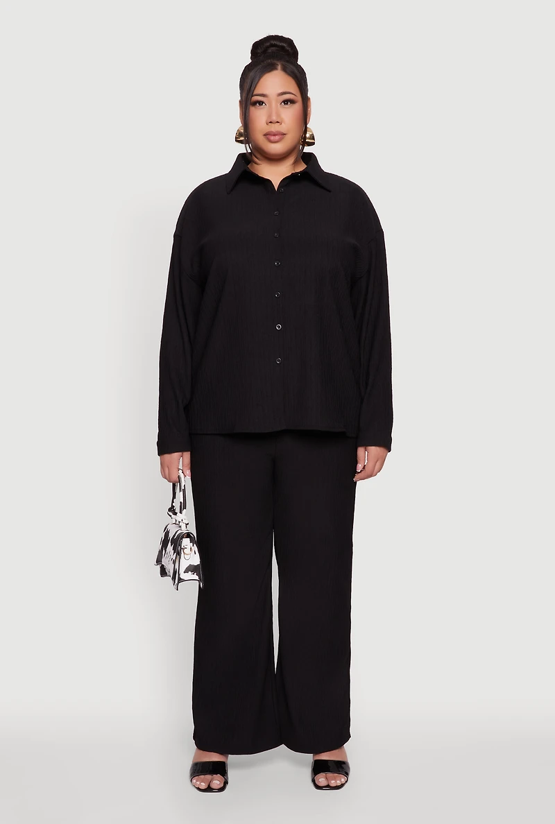 Womens Plus Size Textured Knit Solid Button Front Long Sleeve Shirt, Black, Size 1X