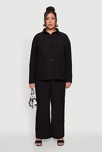 Plus Textured Knit Solid Button Front Long Sleeve Shirt