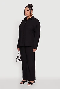Womens Plus Size Textured Knit Solid Button Front Long Sleeve Shirt, Black, Size 1X