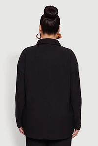 Womens Plus Size Textured Knit Solid Button Front Long Sleeve Shirt, Black, Size 1X