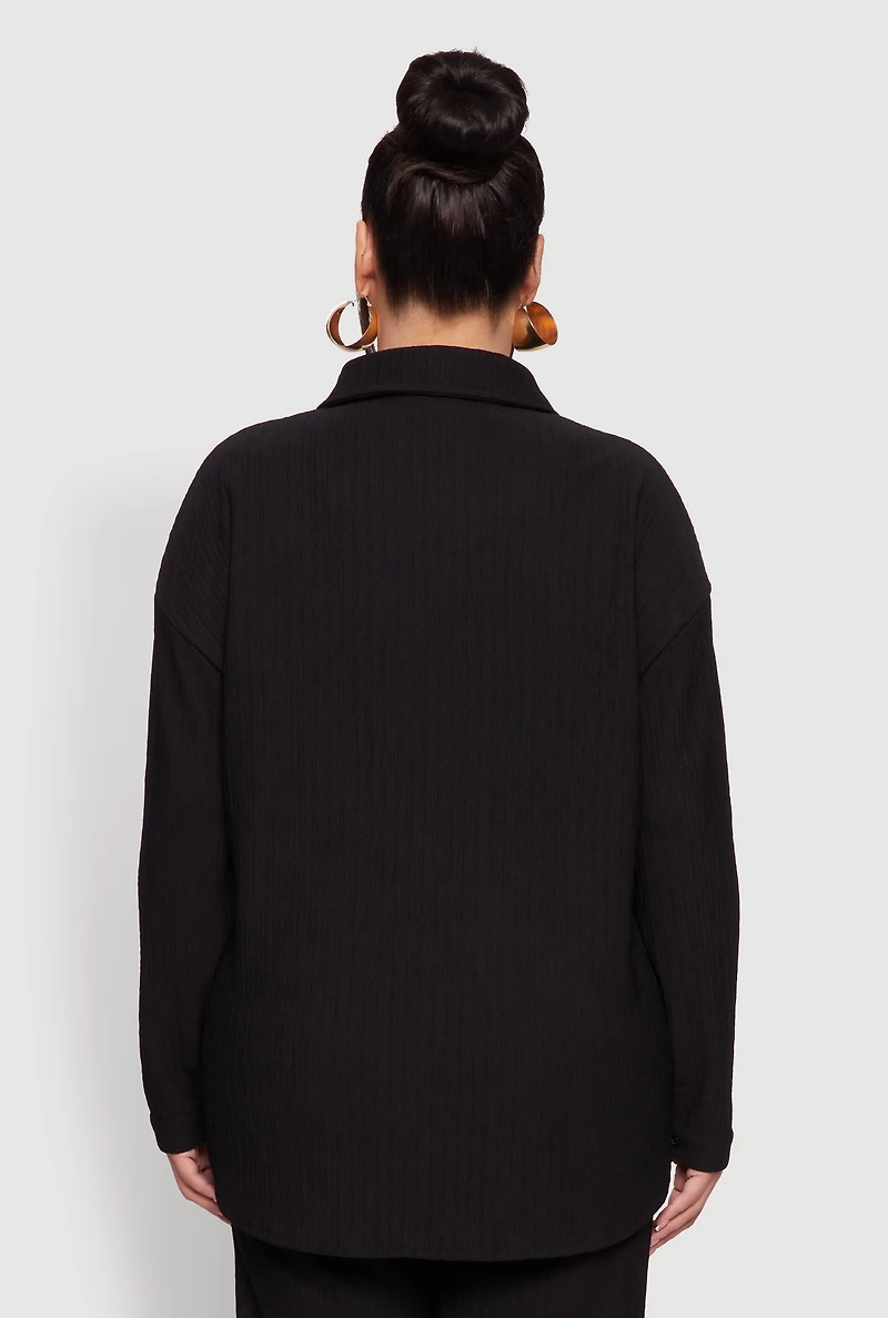 Plus Textured Knit Solid Button Front Long Sleeve Shirt