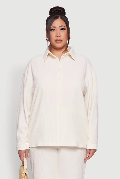 Womens Plus Textured Knit Solid Button Front Long Sleeve Shirt,