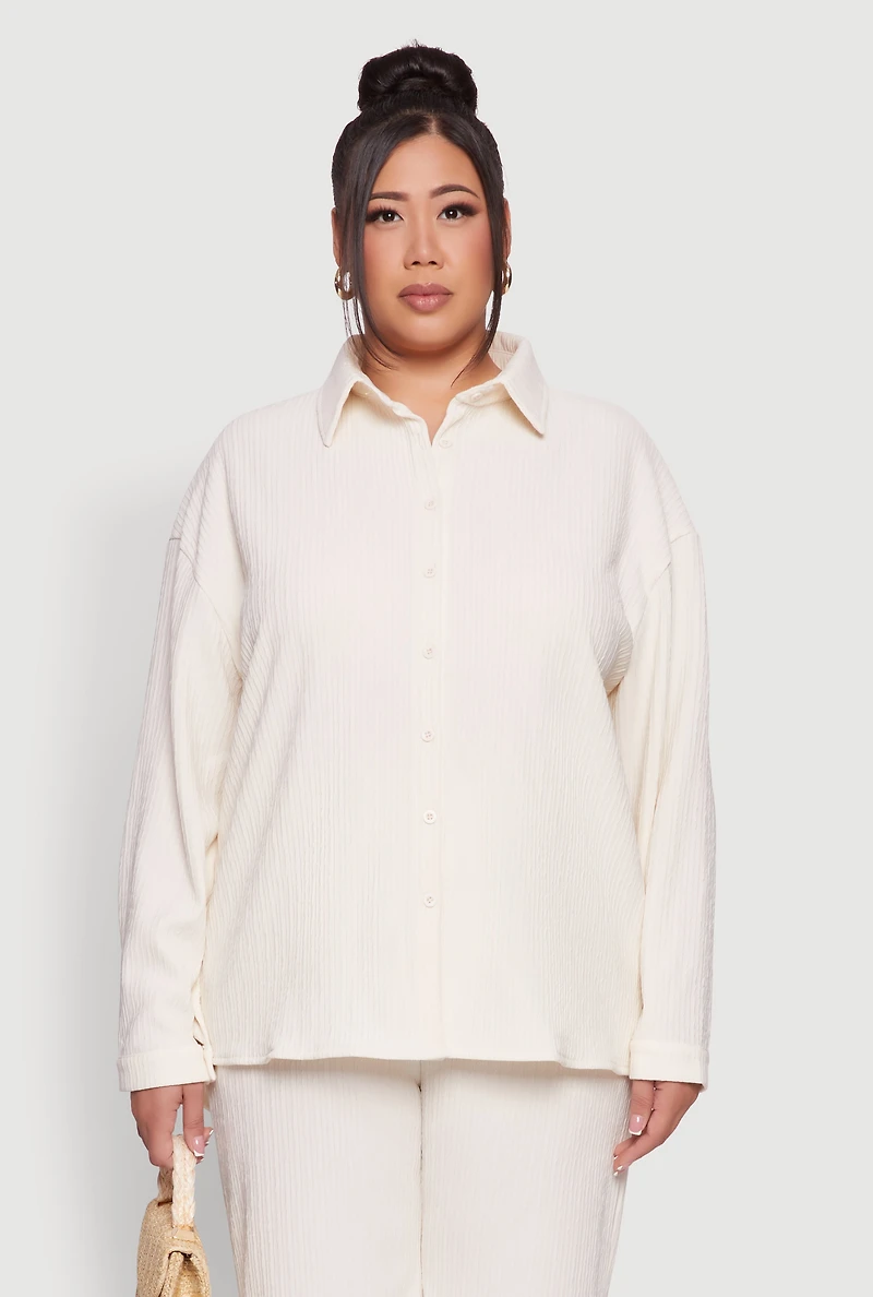 Plus Textured Knit Solid Button Front Long Sleeve Shirt