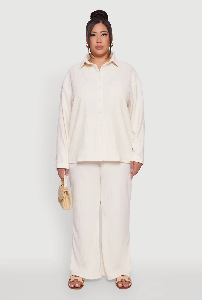 Womens Plus Size Textured Knit Solid Button Front Long Sleeve Shirt, Beige, Size 2X