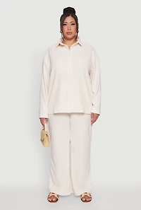 Womens Plus Textured Knit Solid Button Front Long Sleeve Shirt, Beige,