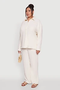 Womens Plus Size Textured Knit Solid Button Front Long Sleeve Shirt, Beige, Size 2X