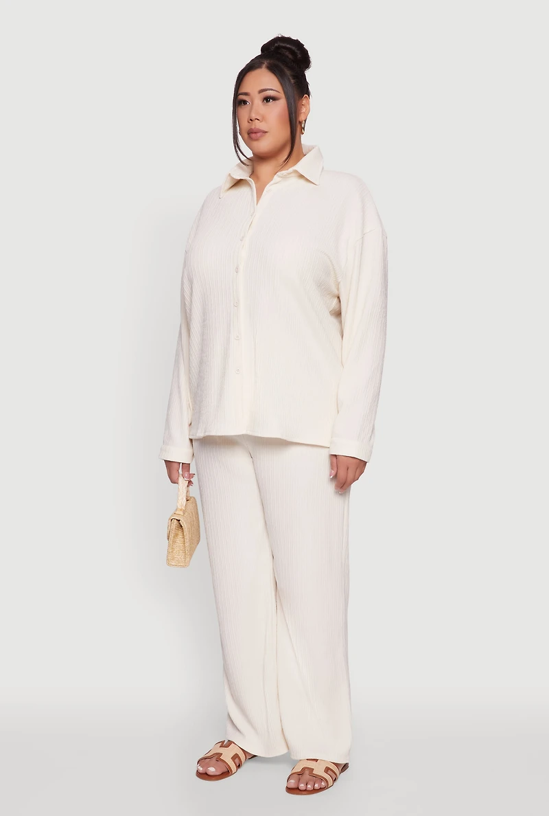 Womens Plus Textured Knit Solid Button Front Long Sleeve Shirt, Beige,