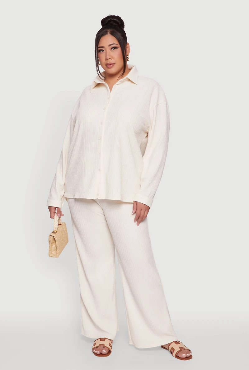 Womens Plus Textured Knit Solid Button Front Long Sleeve Shirt, Beige,