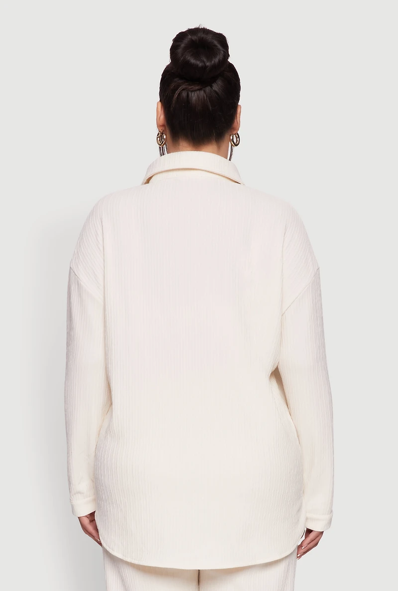 Womens Plus Textured Knit Solid Button Front Long Sleeve Shirt, Beige,