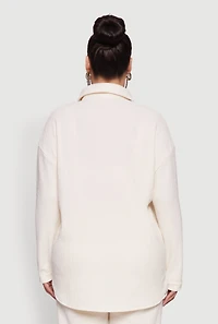 Womens Plus Textured Knit Solid Button Front Long Sleeve Shirt, Beige,