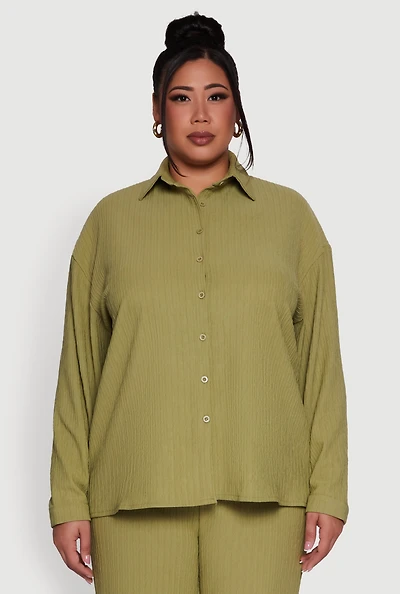 Womens Plus Size Textured Knit Solid Button Front Long Sleeve Shirt, Green, Size 1X