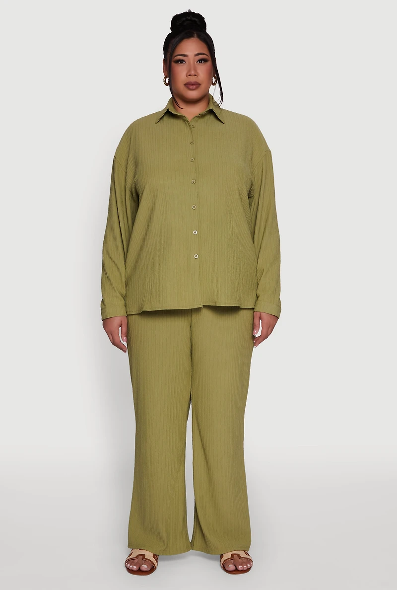 Womens Plus Textured Knit Solid Button Front Long Sleeve Shirt, Green,