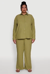 Womens Plus Textured Knit Solid Button Front Long Sleeve Shirt, Green,