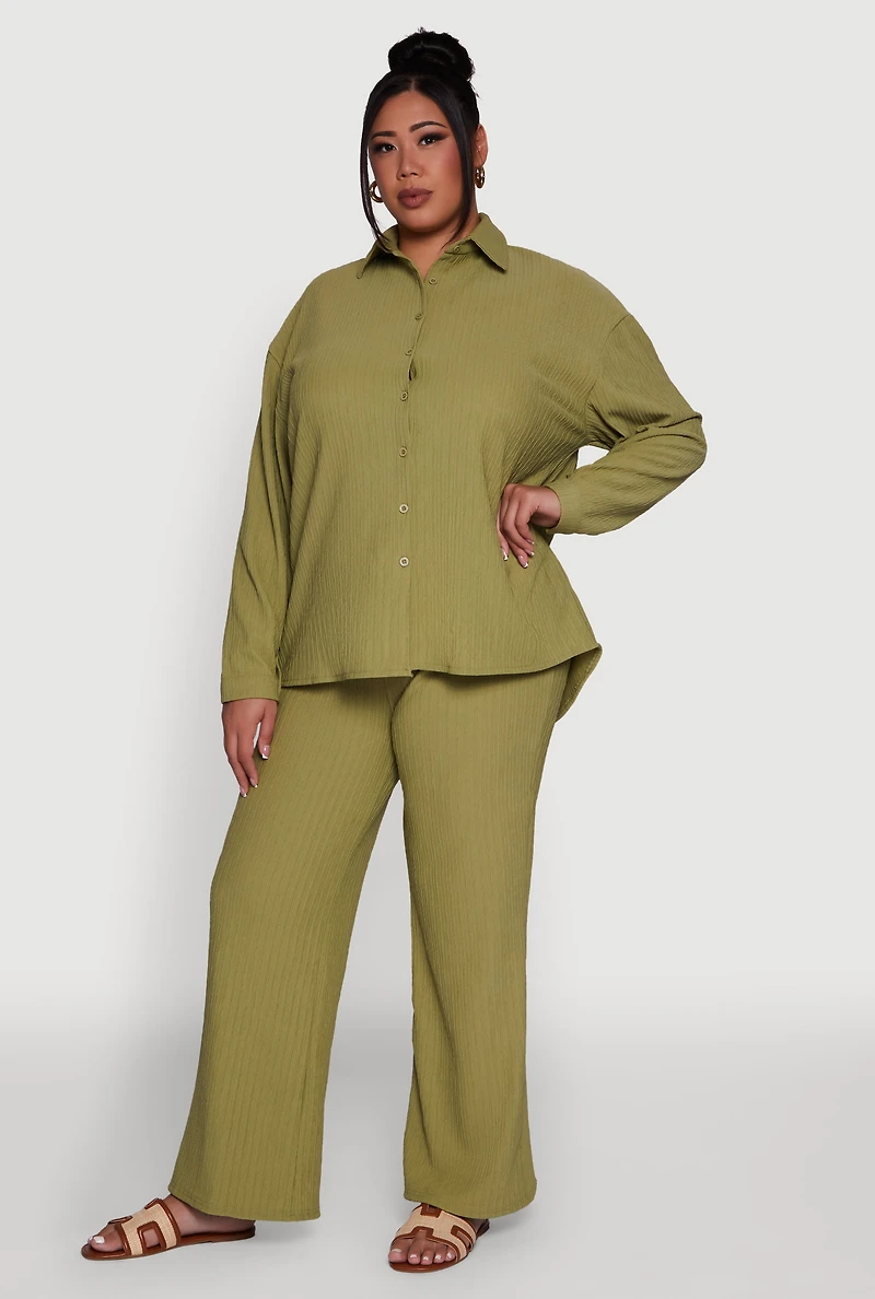 Womens Plus Size Textured Knit Solid Button Front Long Sleeve Shirt, Green, Size 1X