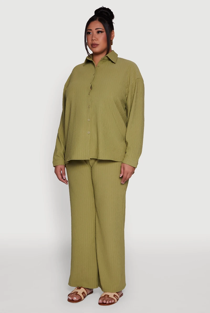 Womens Plus Textured Knit Solid Button Front Long Sleeve Shirt, Green,