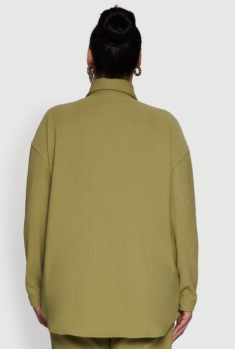 Womens Plus Textured Knit Solid Button Front Long Sleeve Shirt, Green,