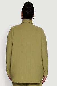 Womens Plus Textured Knit Solid Button Front Long Sleeve Shirt, Green,