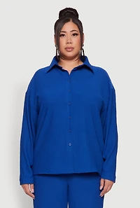 Plus Textured Knit Solid Button Front Long Sleeve Shirt