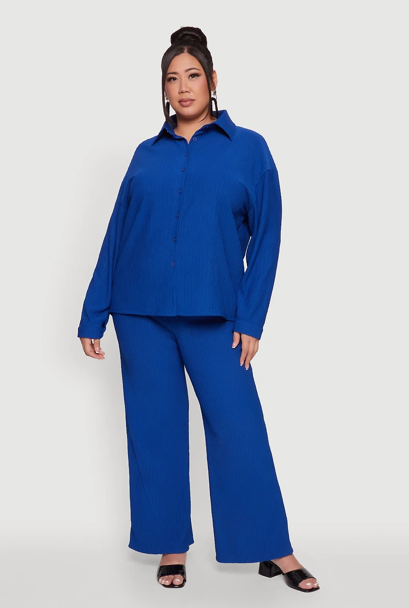 Womens Plus Size Textured Knit Solid Button Front Long Sleeve Shirt, Blue, Size 3X