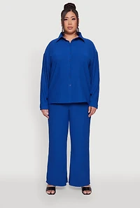 Womens Plus Textured Knit Solid Button Front Long Sleeve Shirt, 2X