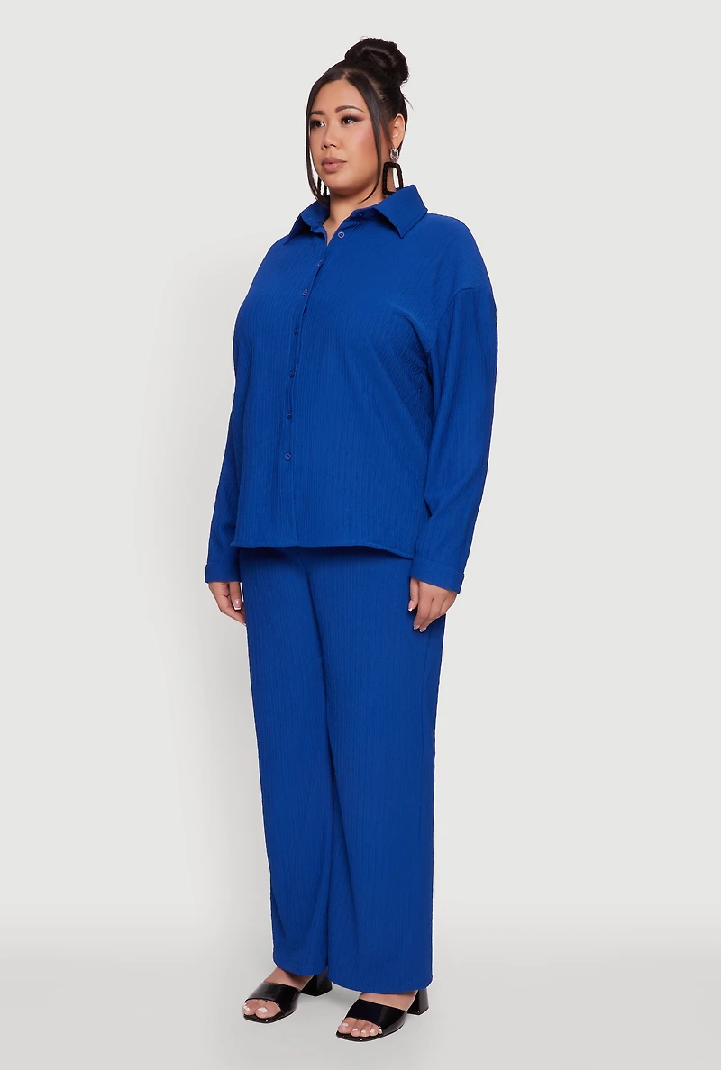 Womens Plus Size Textured Knit Solid Button Front Long Sleeve Shirt, Blue, Size 3X