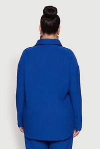 Womens Plus Size Textured Knit Solid Button Front Long Sleeve Shirt, Blue, Size 3X