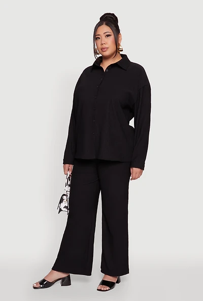 Womens Plus Textured Knit Solid High Waisted Palazzo Pants,