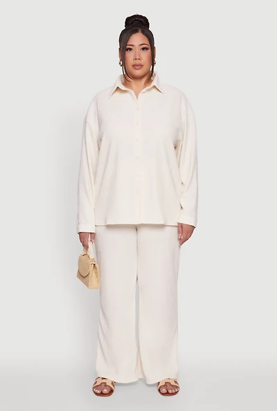 Womens Plus Size Textured Knit Solid High Waisted Palazzo Pants, Beige, Size 1X