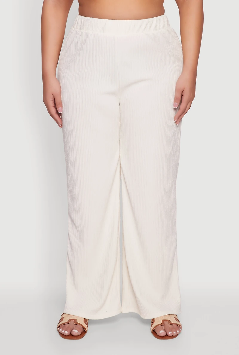 Womens Plus Size Textured Knit Solid High Waisted Palazzo Pants, Beige, Size 3X