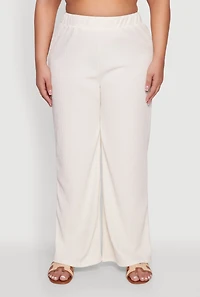Womens Plus Size Textured Knit Solid High Waisted Palazzo Pants, Beige, Size 3X