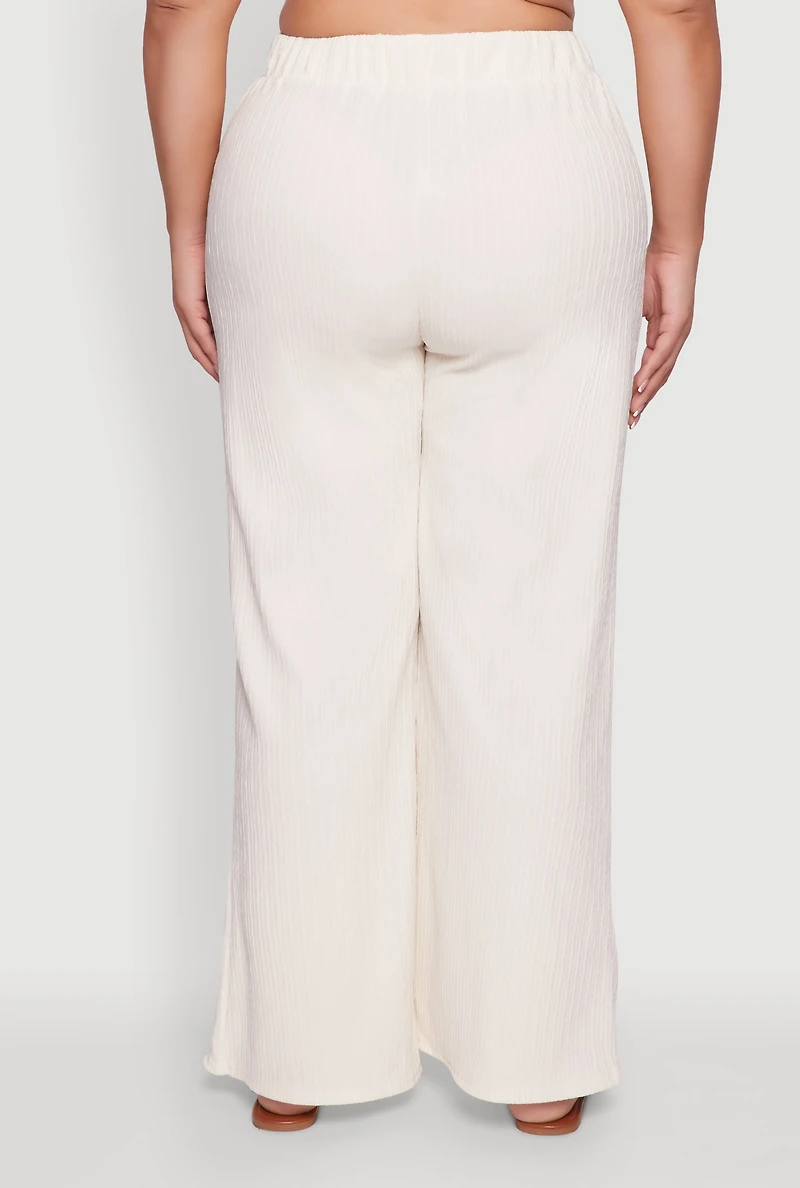 Womens Plus Size Textured Knit Solid High Waisted Palazzo Pants, Beige, Size 3X