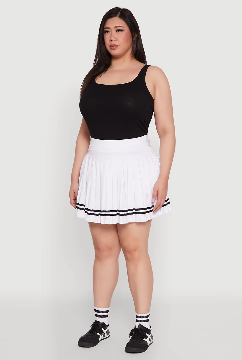 Womens Plus Varsity Stripe Pleated Tennis Skirt, White,
