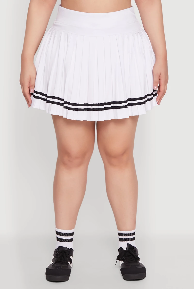 Womens Plus Varsity Stripe Pleated Tennis Skirt, White,