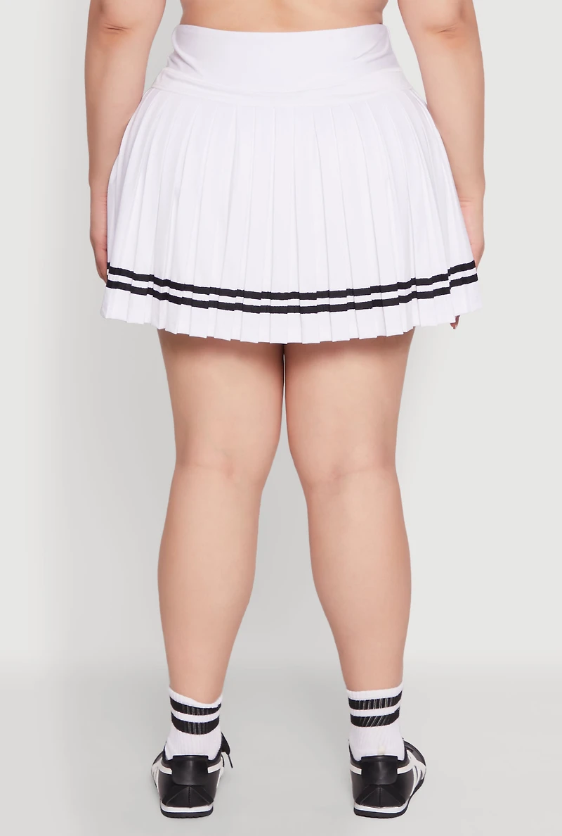 Womens Plus Varsity Stripe Pleated Tennis Skirt, White,