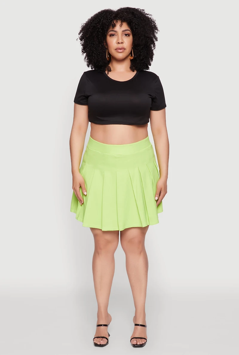 Womens Plus Chic High Waisted Mini Pleated Skirt, Green,