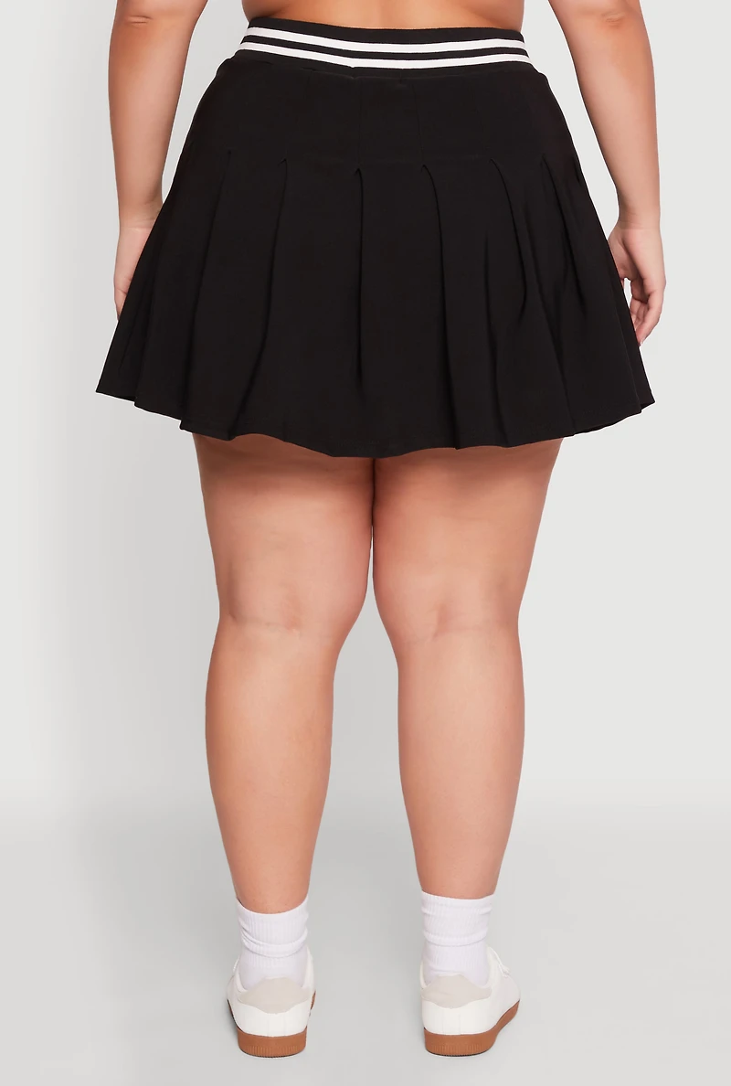 Womens Plus Size Varsity Stripe Waistband Pleated Skirt, Black, Size 2X
