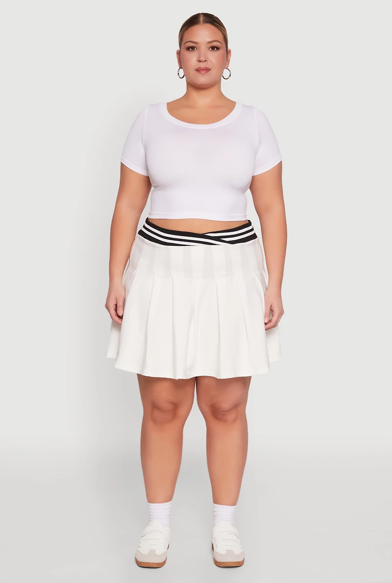 Womens Plus Varsity Stripe Waistband Pleated Skirt, White,