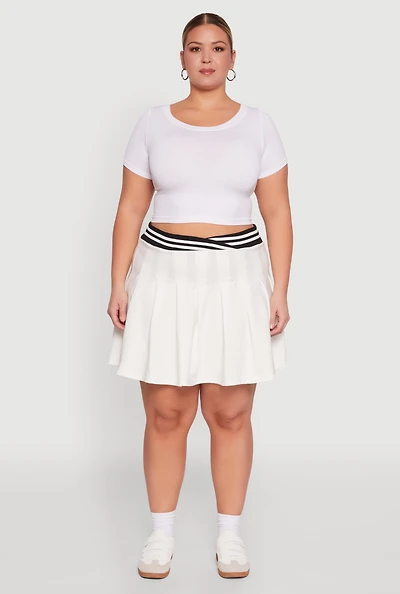 Womens Plus Size Varsity Stripe Waistband Pleated Skirt, White, Size 1X