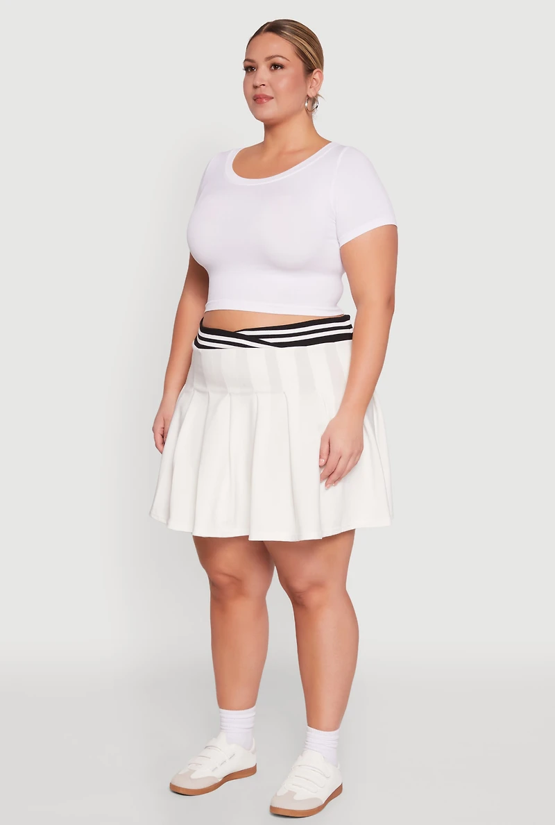 Womens Plus Size Varsity Stripe Waistband Pleated Skirt, White, Size 1X