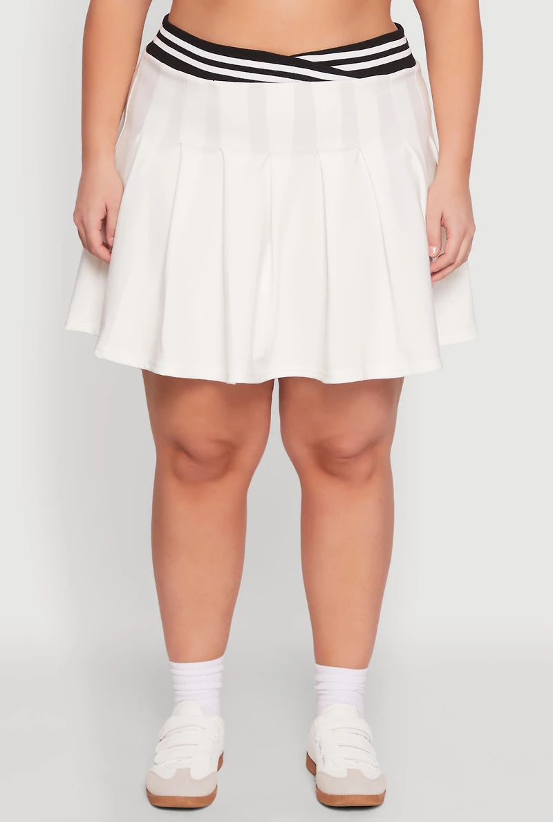 Womens Plus Varsity Stripe Waistband Pleated Skirt, White,