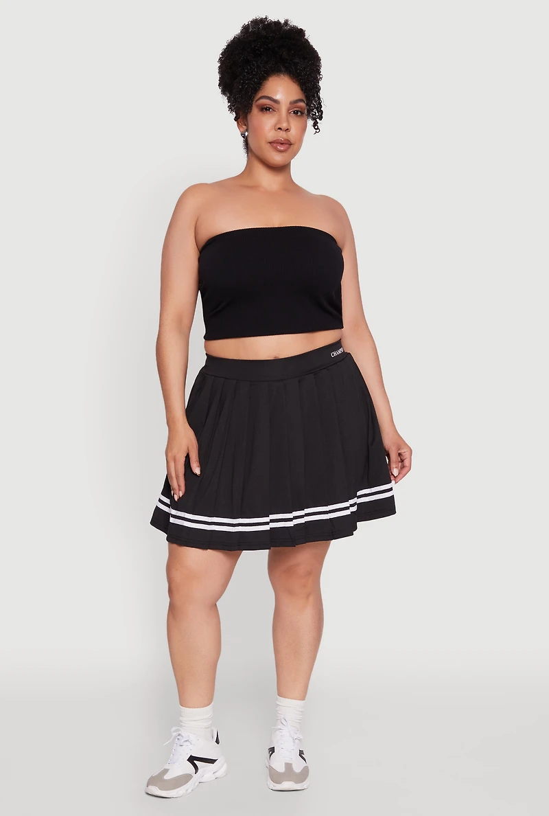 Womens Plus Size Trendy High Waisted Graphic Pleated Varsity Stripe Skirt, Black, Size 3X