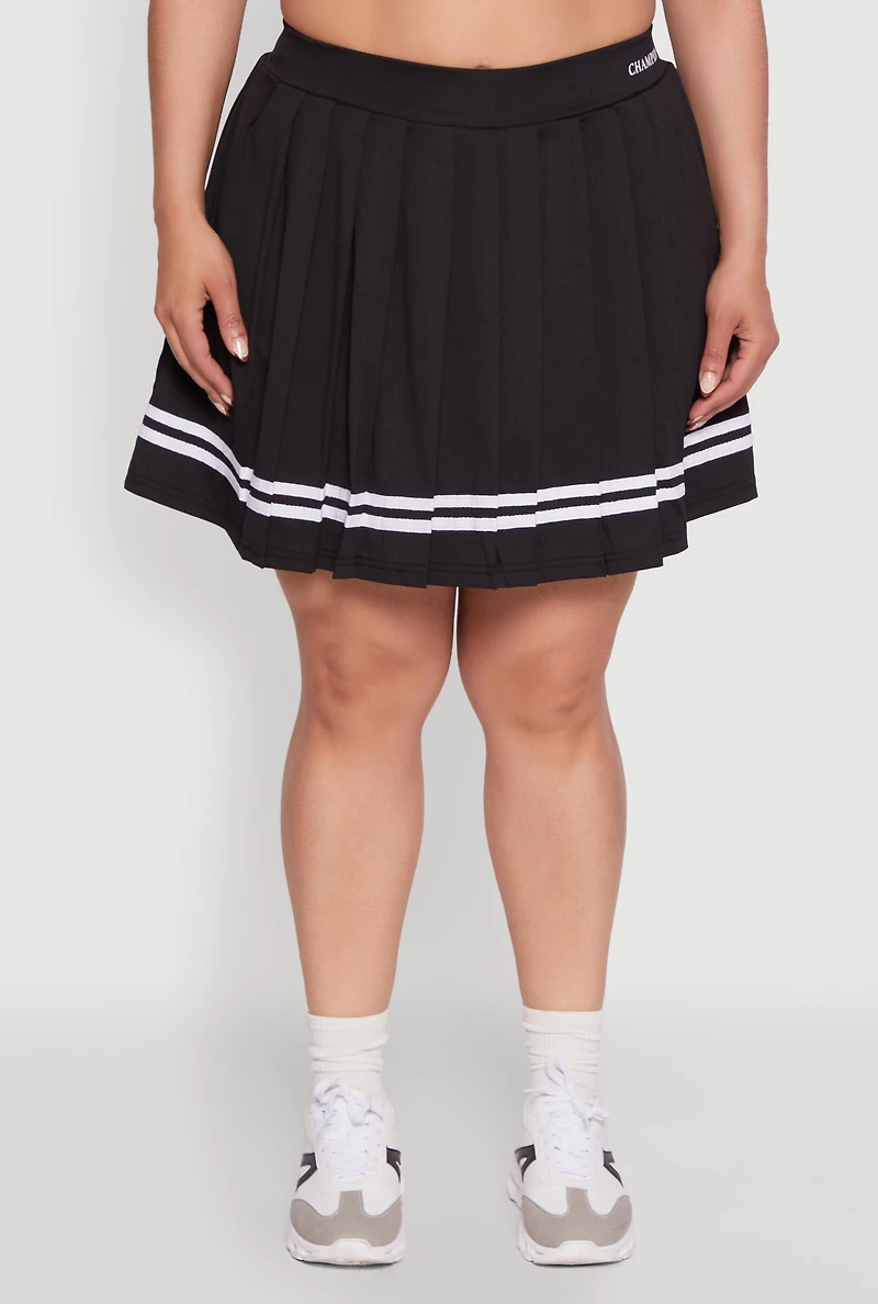 Womens Plus Size Trendy High Waisted Graphic Pleated Varsity Stripe Skirt, Black, Size 3X