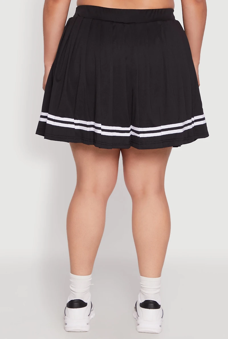 Womens Plus Size Trendy High Waisted Graphic Pleated Varsity Stripe Skirt, Black, Size 3X
