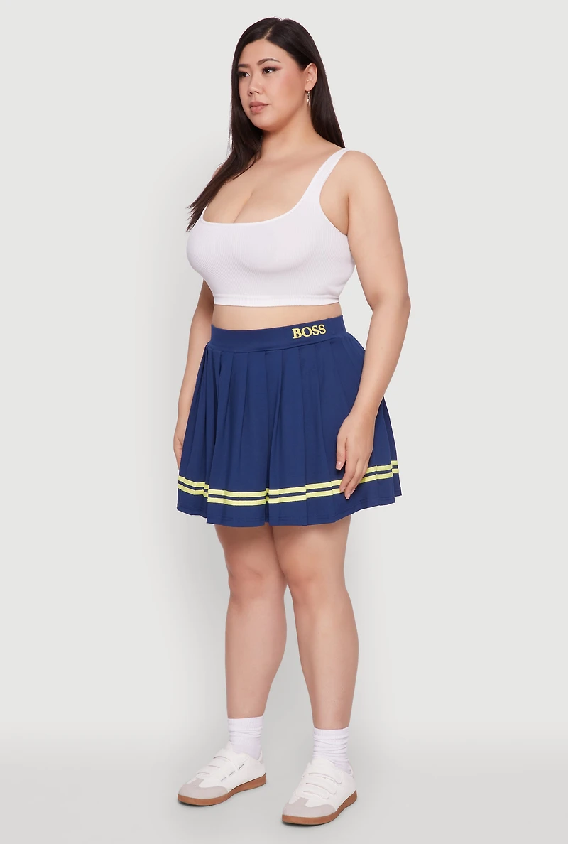 Womens Plus Size Trendy High Waisted Graphic Pleated Varsity Stripe Skirt, Blue, Size 3X