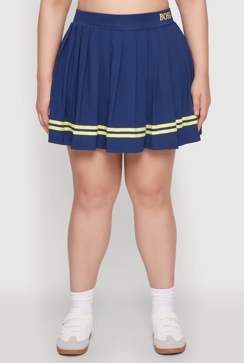 Womens Plus Size Trendy High Waisted Graphic Pleated Varsity Stripe Skirt, Blue, Size 3X