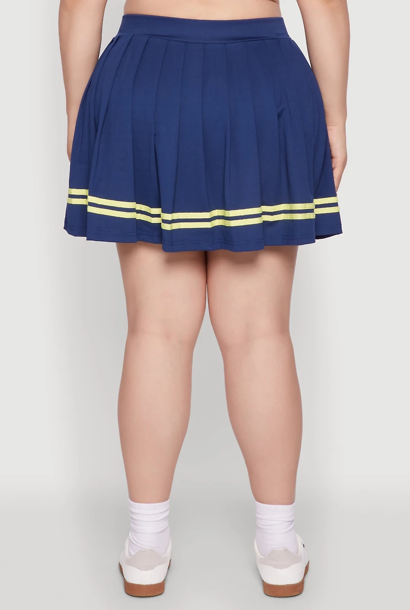 Womens Plus Size Trendy High Waisted Graphic Pleated Varsity Stripe Skirt, Blue, Size 3X