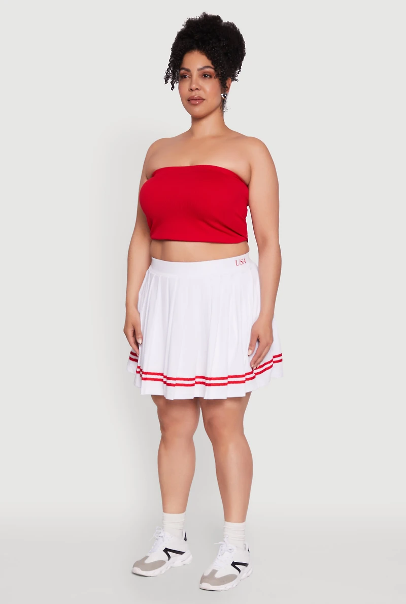 Womens Plus Size Trendy High Waisted Graphic Pleated Varsity Stripe Skirt, White, Size 2X